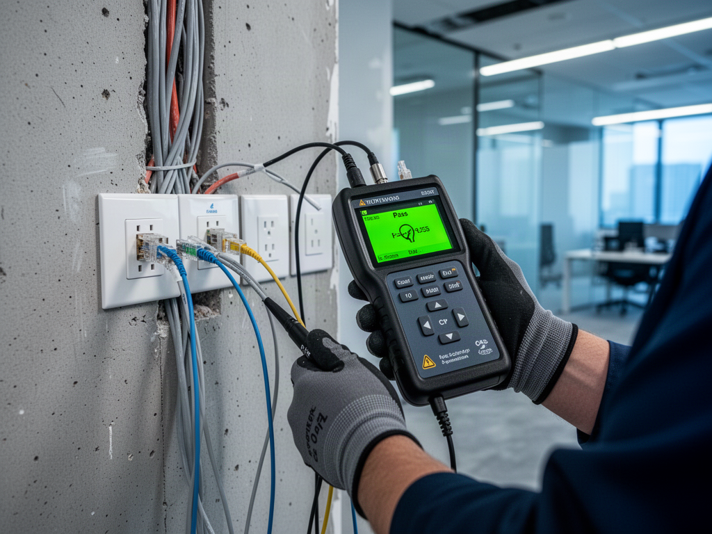 Technician using an enterprise network tester to certify low-voltage cable drops