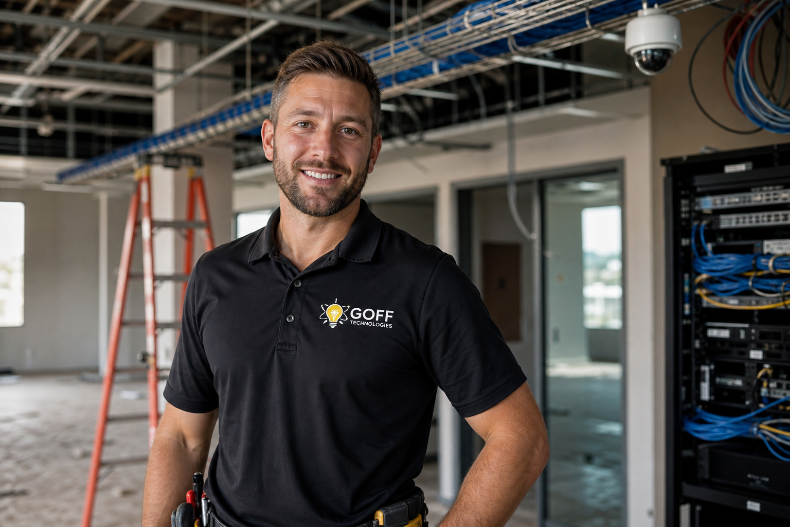 Goff Technologies technician in a branded company polo shirt on a commercial jobsite with structured cabling, a network rack, and a security camera