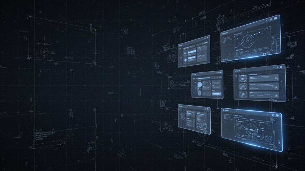 Abstract dark technical glowing nodes representing interconnected software applications