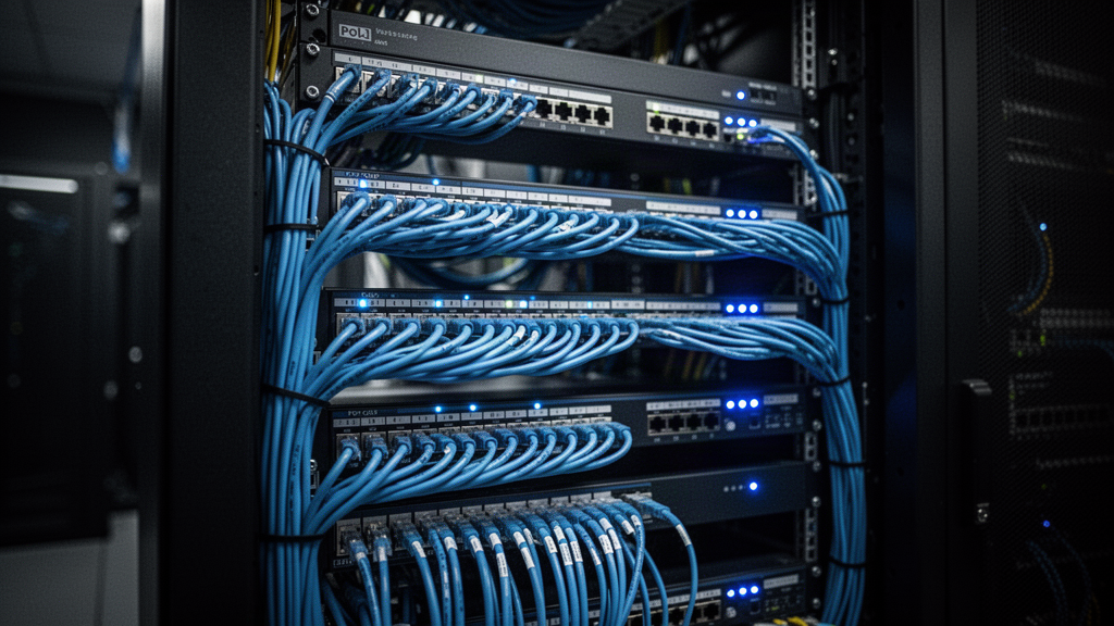 Professional structured cabling installation with cleanly dressed Cat6 wire bundles